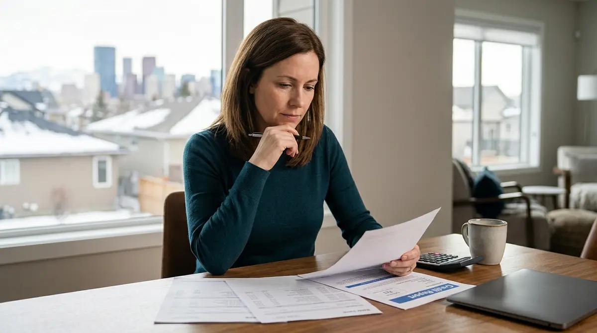 A homeowner reviewing financial documents and a credit report, illustrating the financial impact of a foreclosure in Calgary