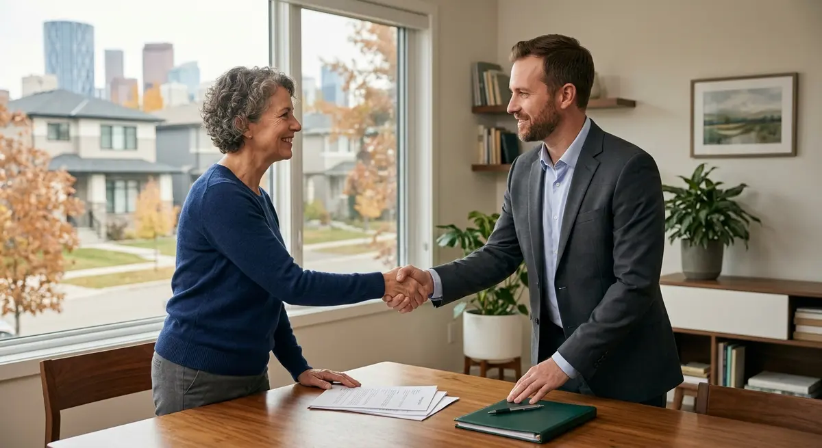 A Calgary homeowner shaking hands with a mortgage specialist after successfully securing alternative financing to stop foreclosure