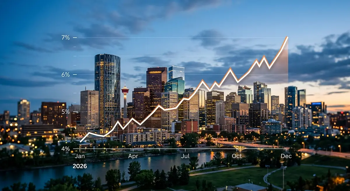 Calgary skyline with financial charts overlay indicating mortgage rate trends in 2026