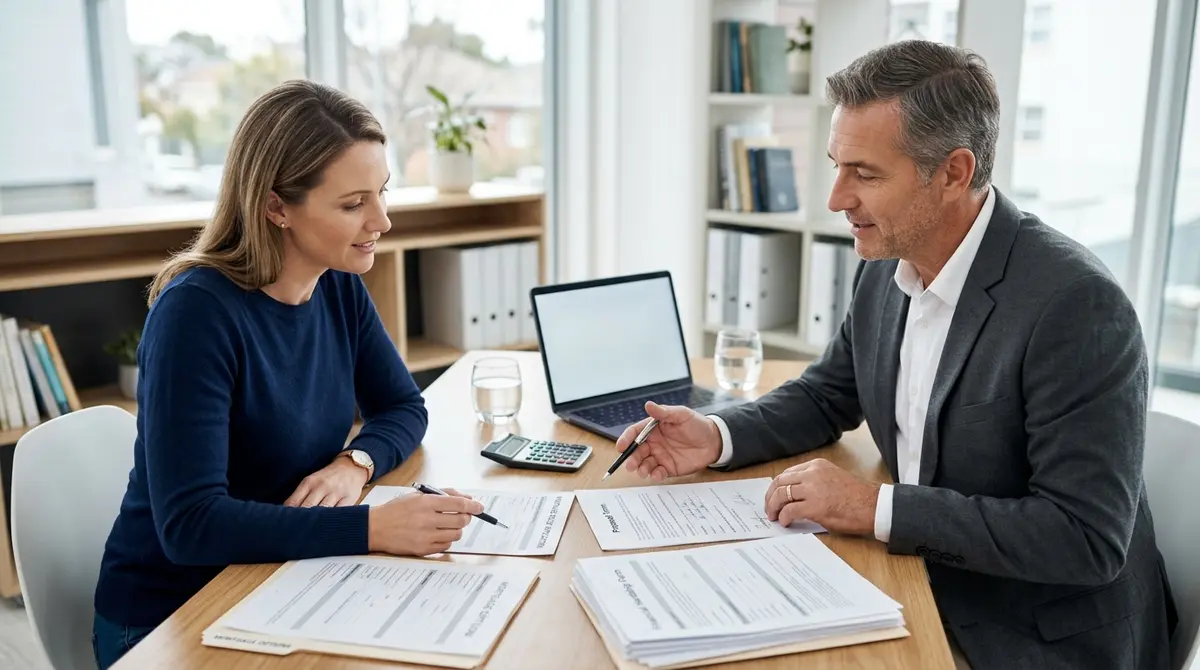 Homeowner reviewing mortgage relief documents with a financial advisor at a desk