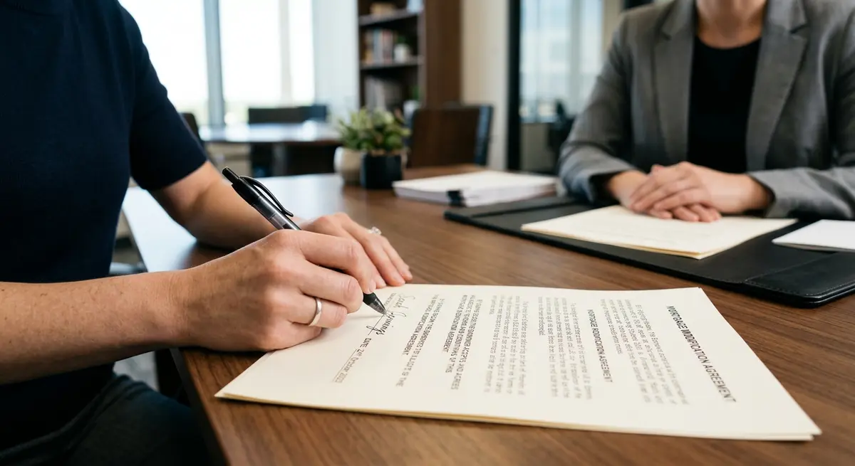 Close up of a person signing a mortgage modification agreement with a pen