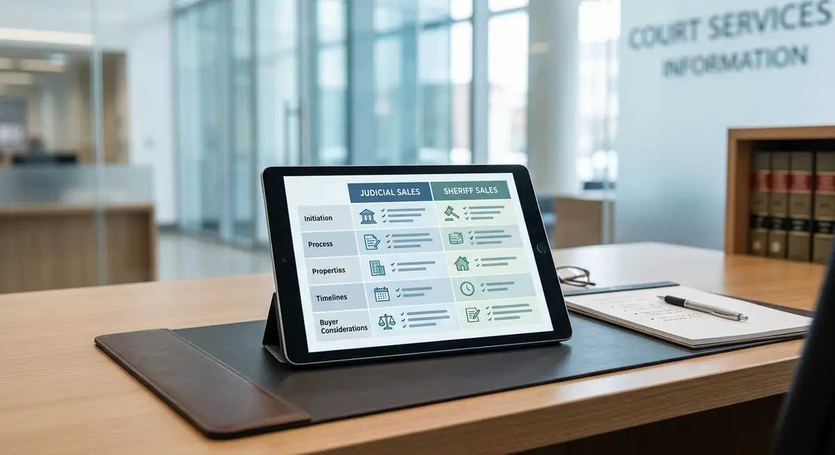 A detailed comparison chart showing the differences between judicial sales and sheriff sales in Alberta courthouses