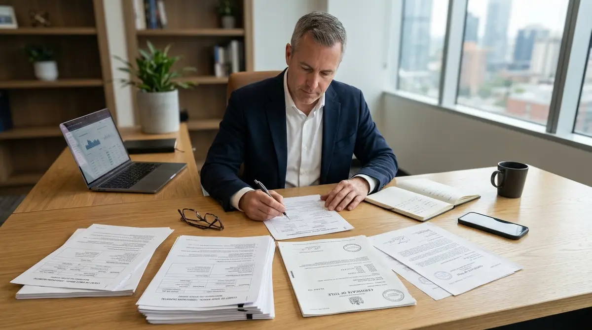 An investor reviewing official Court of King's Bench foreclosure listings and property title documents on a desk
