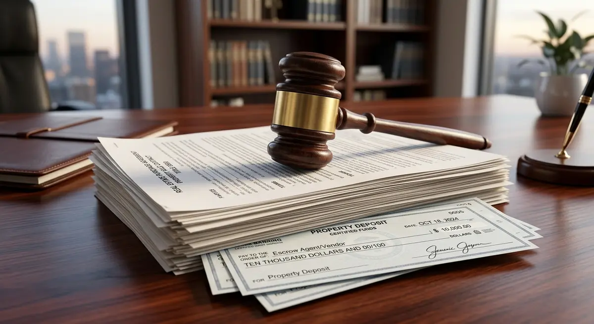 A gavel resting on a stack of legal real estate contracts and certified bank drafts for a property deposit