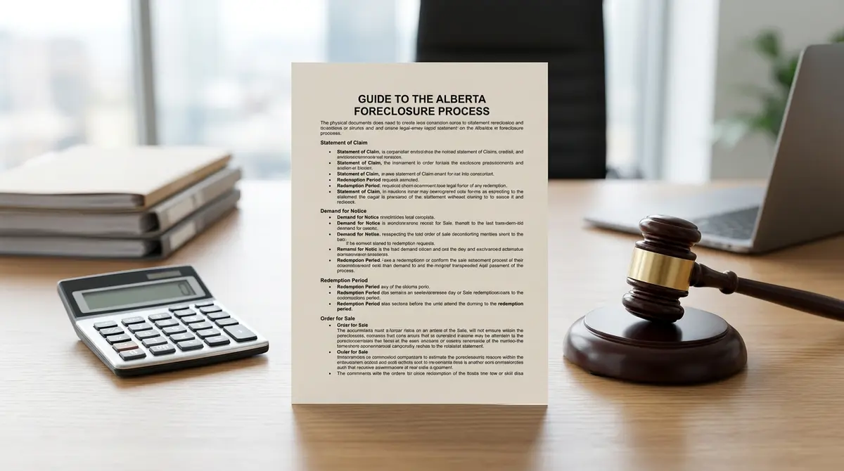 A legal document outlining the Alberta foreclosure process resting on a desk next to a gavel and a calculator