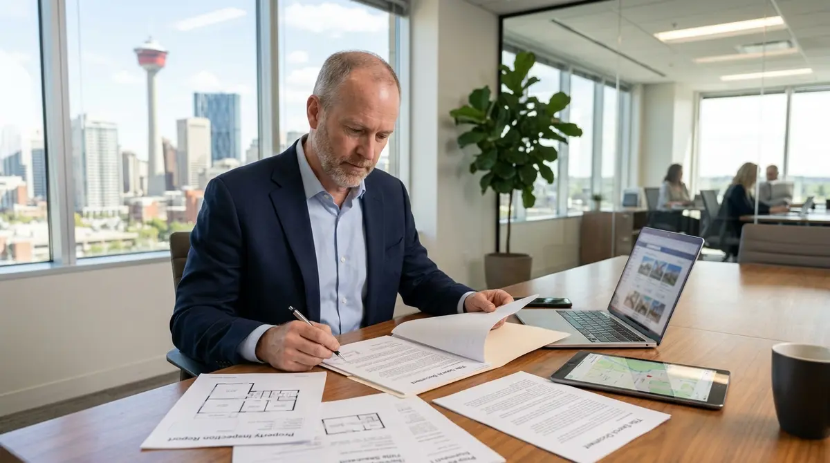 A real estate investor reviewing property inspection reports and title search documents in a modern Calgary office