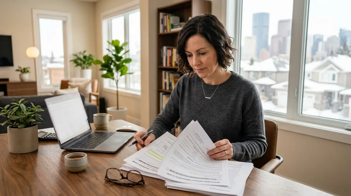 Calgary homeowner reviewing mortgage default insurance claim documents at a desk