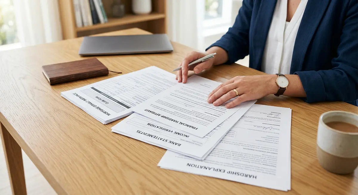 Detailed view of mortgage default insurance paperwork and financial hardship evidence