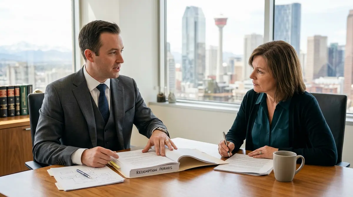 Calgary legal professional explaining foreclosure redemption periods to a client