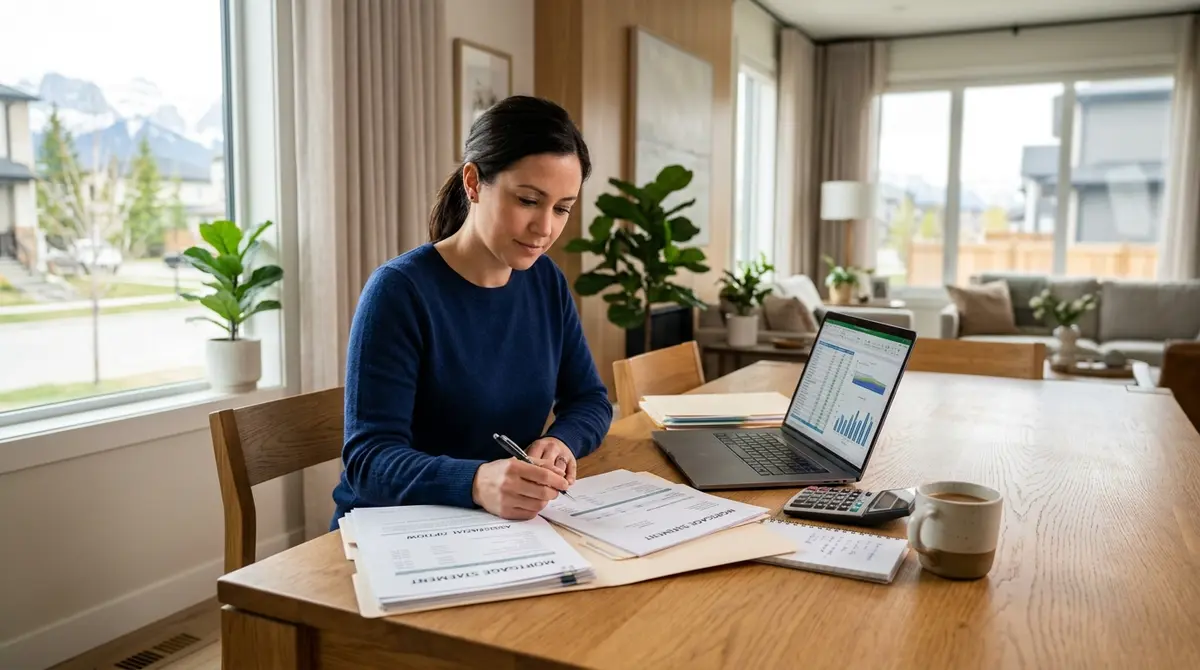 Calgary homeowner reviewing financial documents and mortgage payment assistance options at a dining table