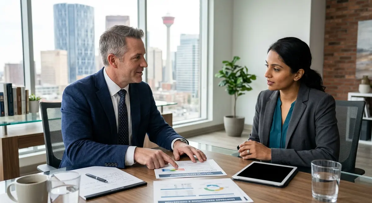 Financial advisor explaining credit score protection during mortgage restructuring to a Calgary client