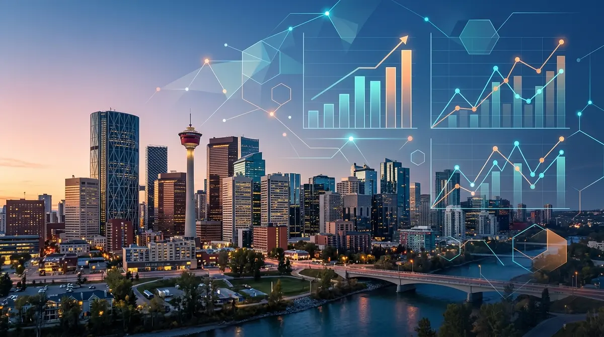 Calgary skyline with a graphical overlay showing 2026 housing market and mortgage mitigation statistics