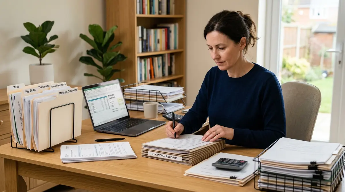 A homeowner organizing financial documents and tax returns for a mortgage loss mitigation application