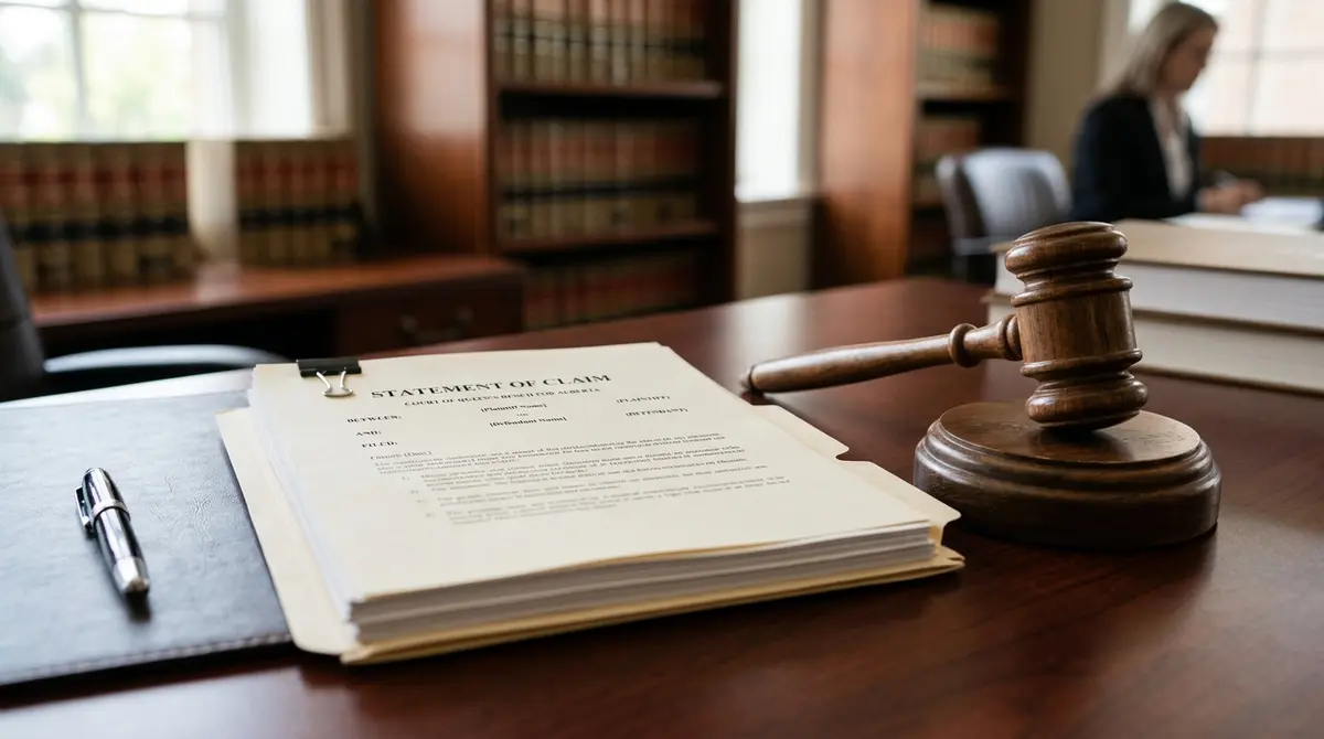 Legal documents including a Statement of Claim resting on a desk next to a judge's gavel