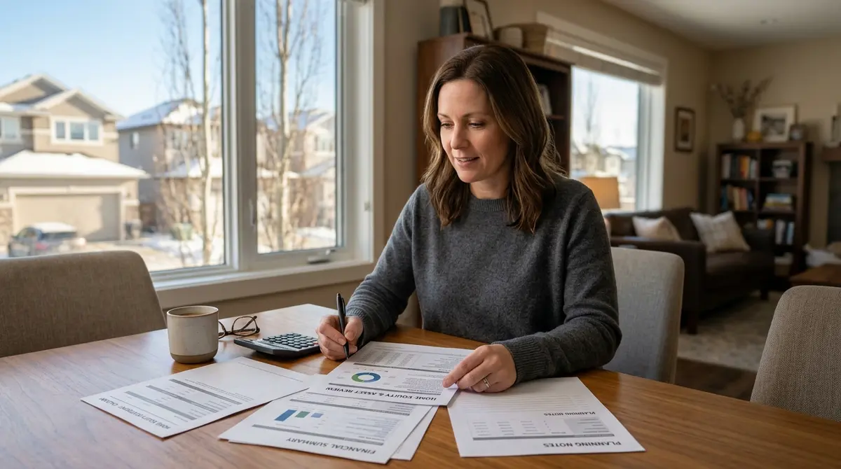 A Calgary homeowner reviewing financial documents and home equity statements at a dining table