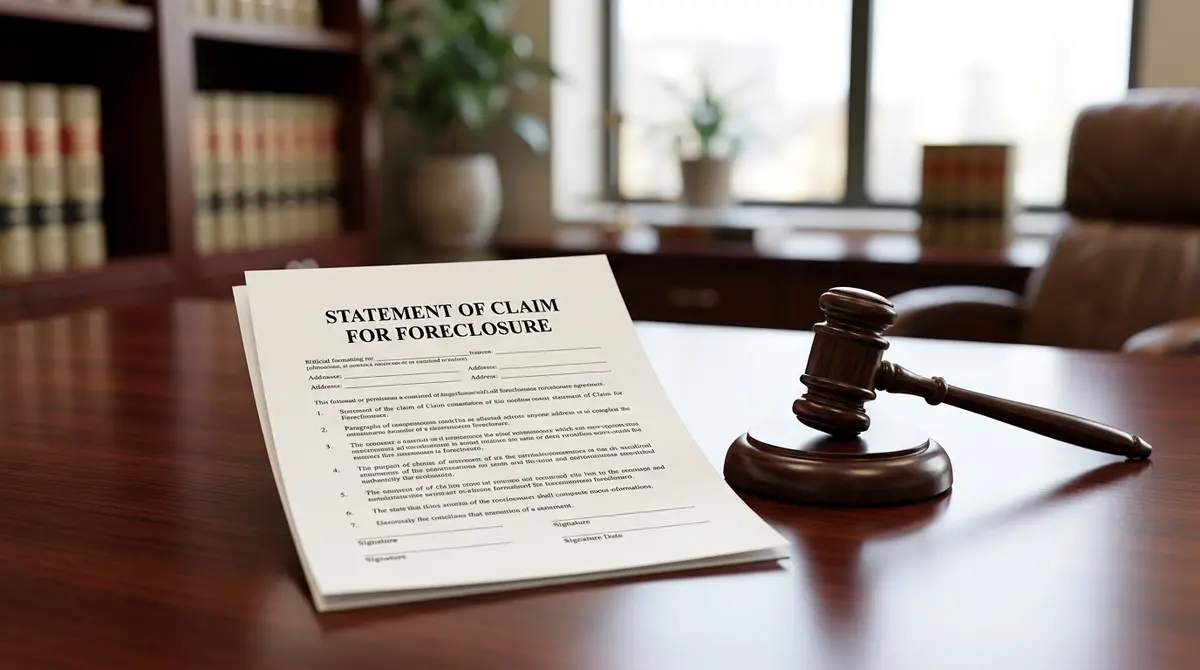 A legal document titled Statement of Claim for Foreclosure resting on a desk next to a gavel