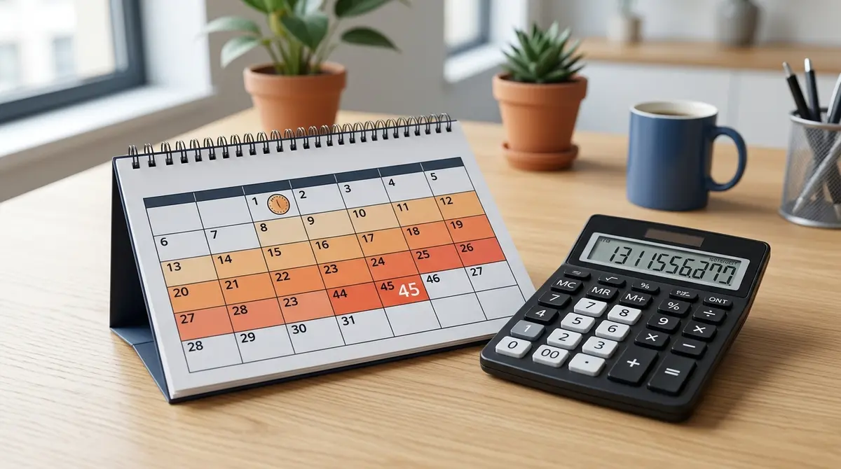 A calendar highlighting the 45-day Alberta foreclosure timeline next to a calculator