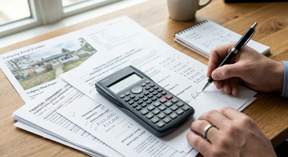 A detailed view of legal documents and a calculator representing the financial assessment of a distressed property in Calgary.