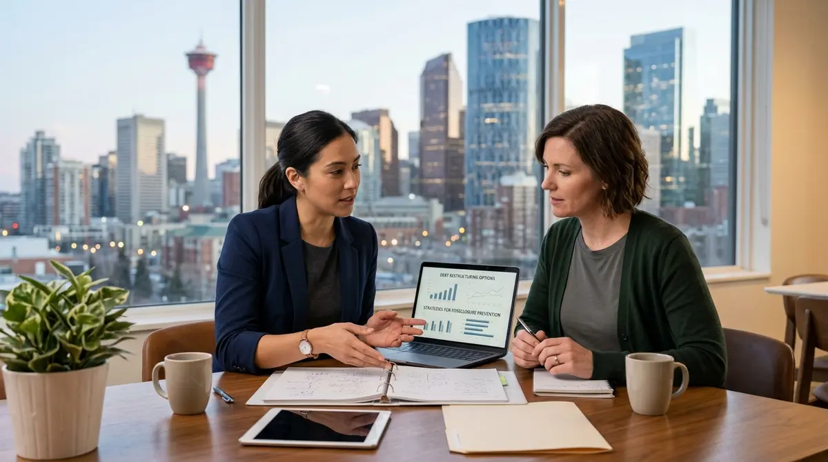 A professional financial advisor discussing debt restructuring and foreclosure prevention strategies with a Calgary homeowner.