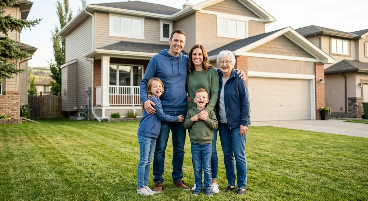 A relieved Calgary family standing in front of their home after successfully resolving their distressed property situation.