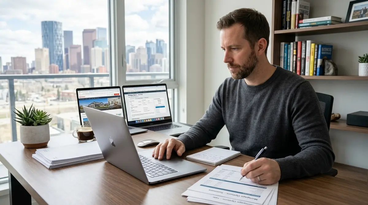 A self-employed Calgary business owner reviewing financial documents and mortgage options on a laptop