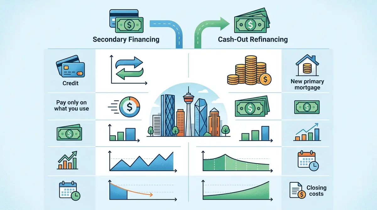 A comparison chart showing the financial benefits of secondary financing versus cash-out refinancing in the Calgary real estate market