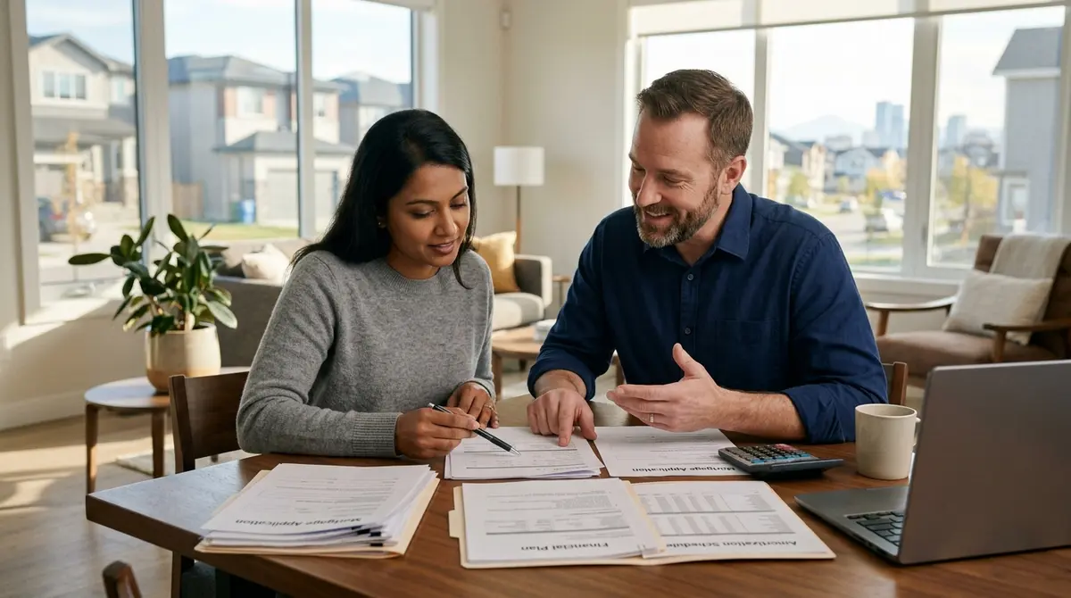 A Calgary homeowner reviewing mortgage documents and financial planning paperwork with a lending advisor