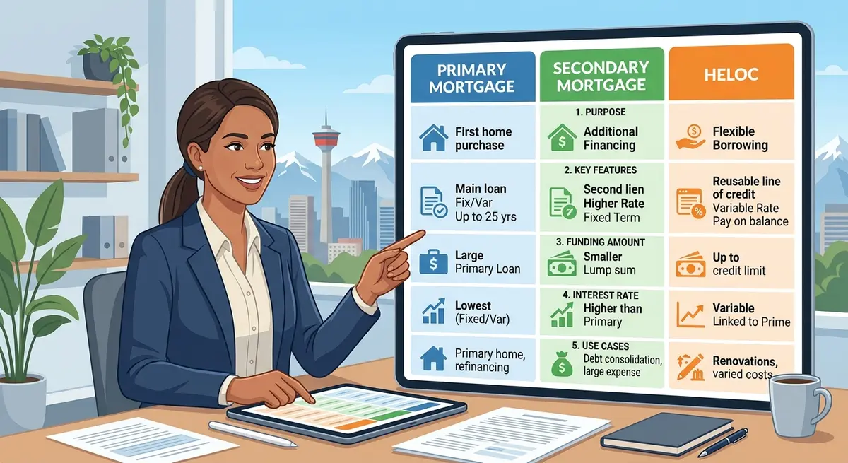 Comparison chart showing the differences between primary mortgages, secondary mortgages, and HELOCs in Calgary