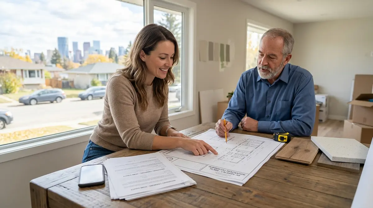 A Calgary homeowner reviewing architectural plans for a home renovation funded by secondary financing