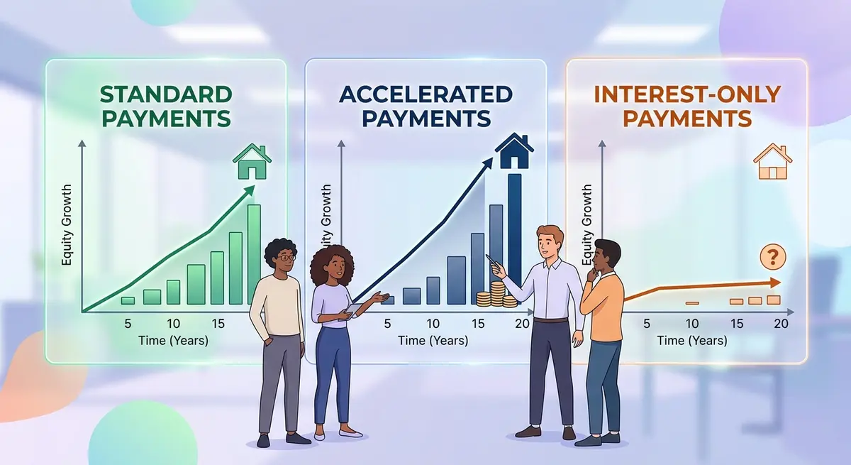 Chart showing the difference in equity buildup between standard, accelerated, and interest-only second mortgage payments