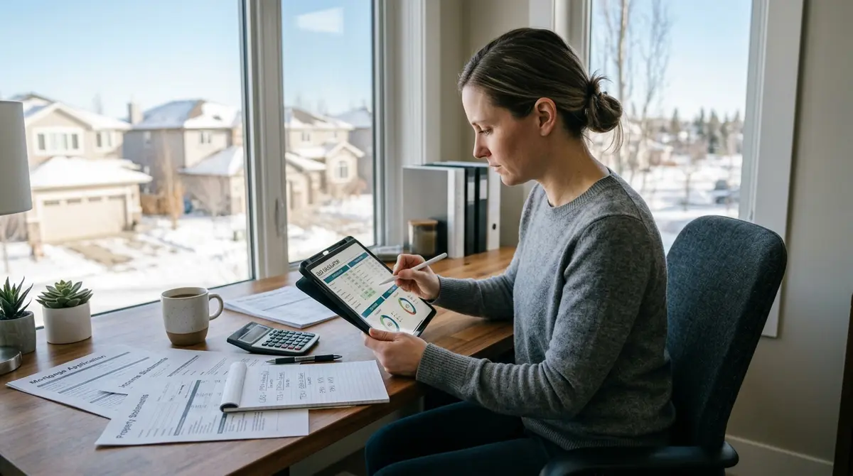 A Calgary homeowner reviewing financial documents and calculating GDS and TDS ratios on a tablet
