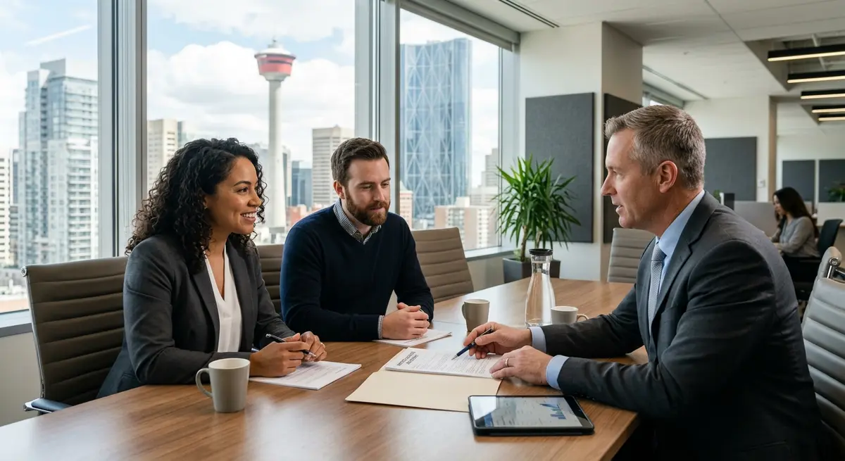 A couple discussing mortgage documents with a financial advisor in a Calgary office