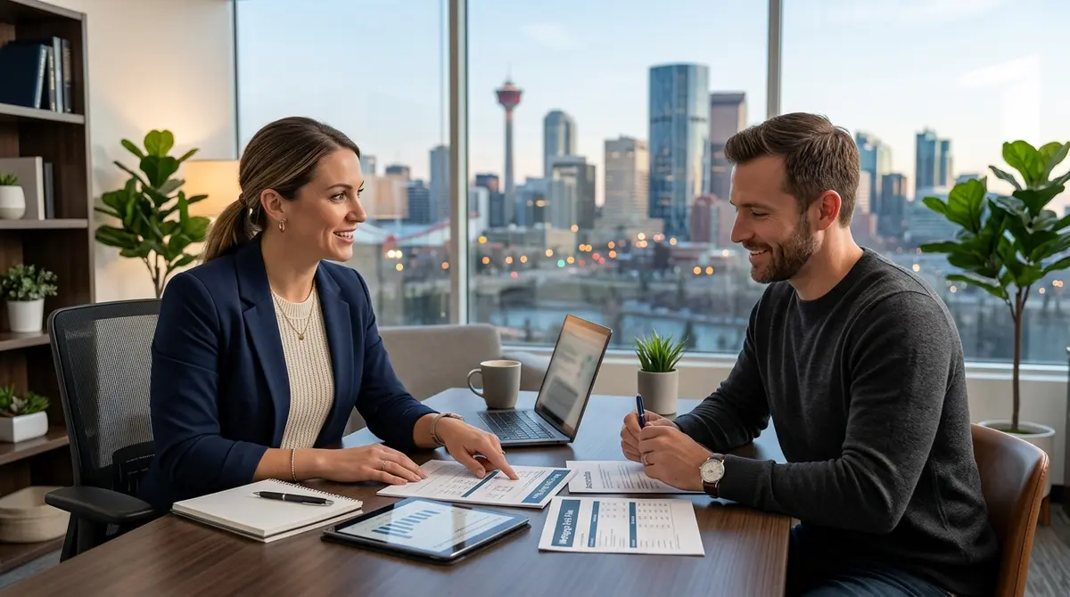A financial advisor discussing mortgage exit strategies with a Calgary homeowner at a desk