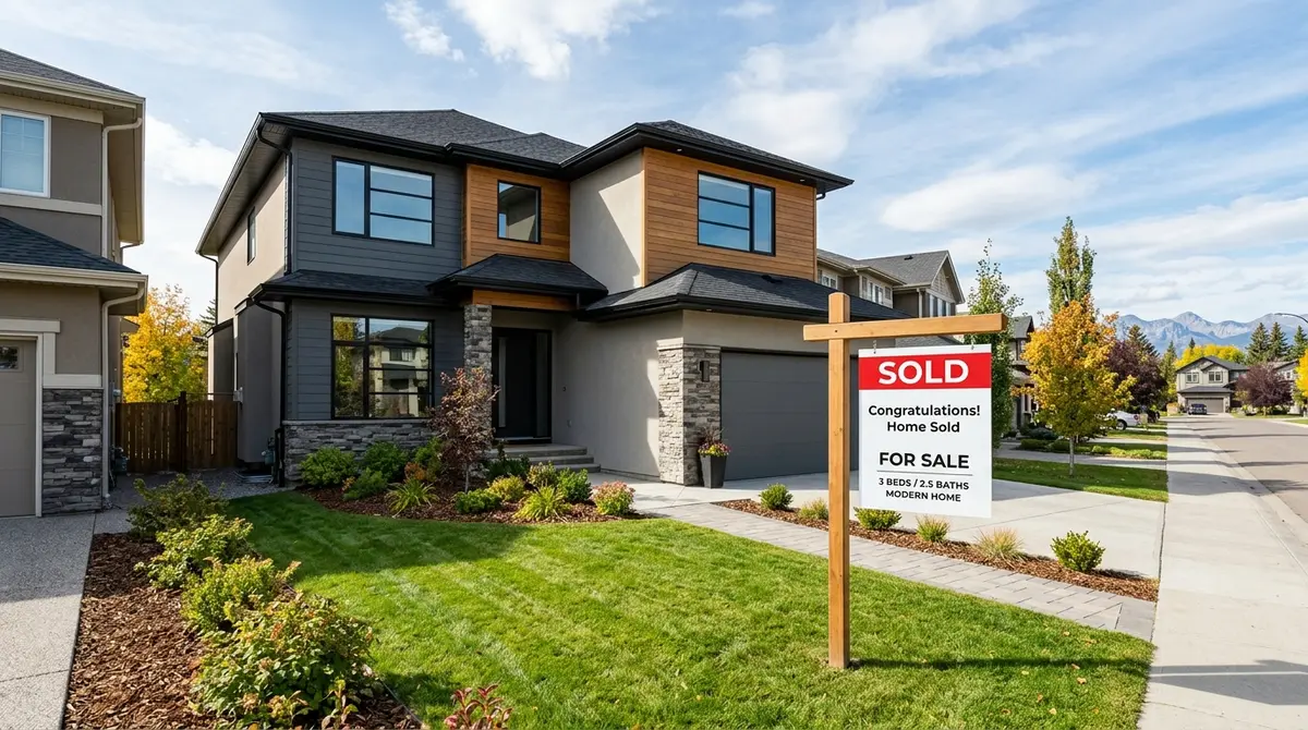 A modern detached home in Calgary with a sold sign on the front lawn