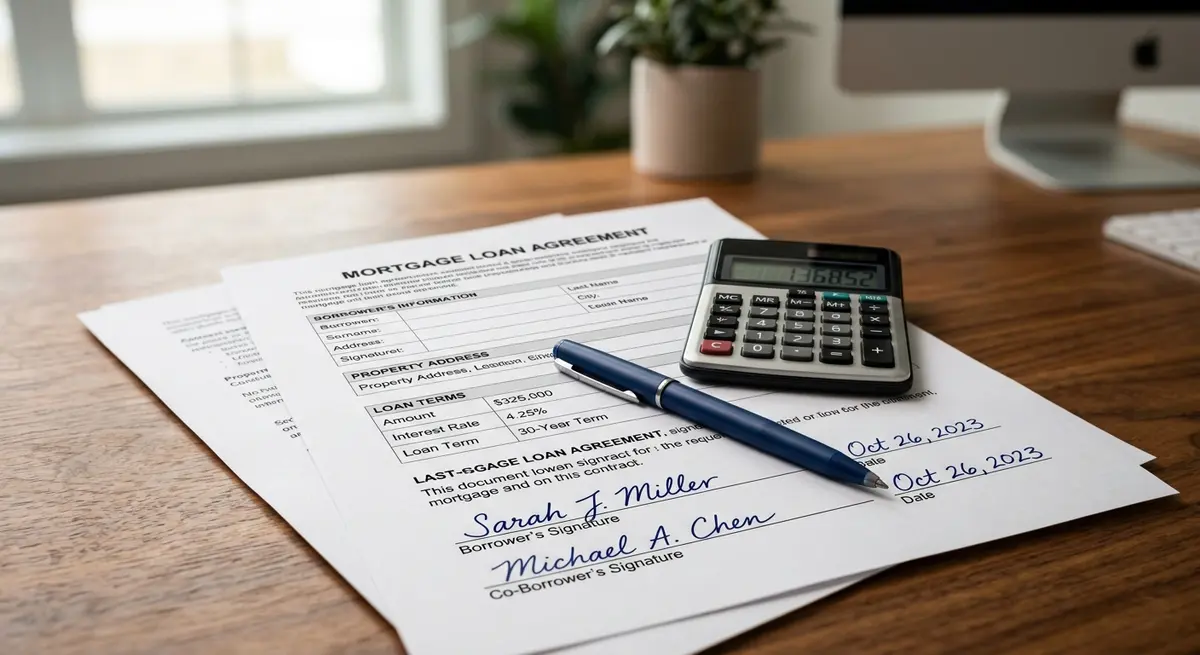 A close up of a signed mortgage contract with a calculator and pen resting on top