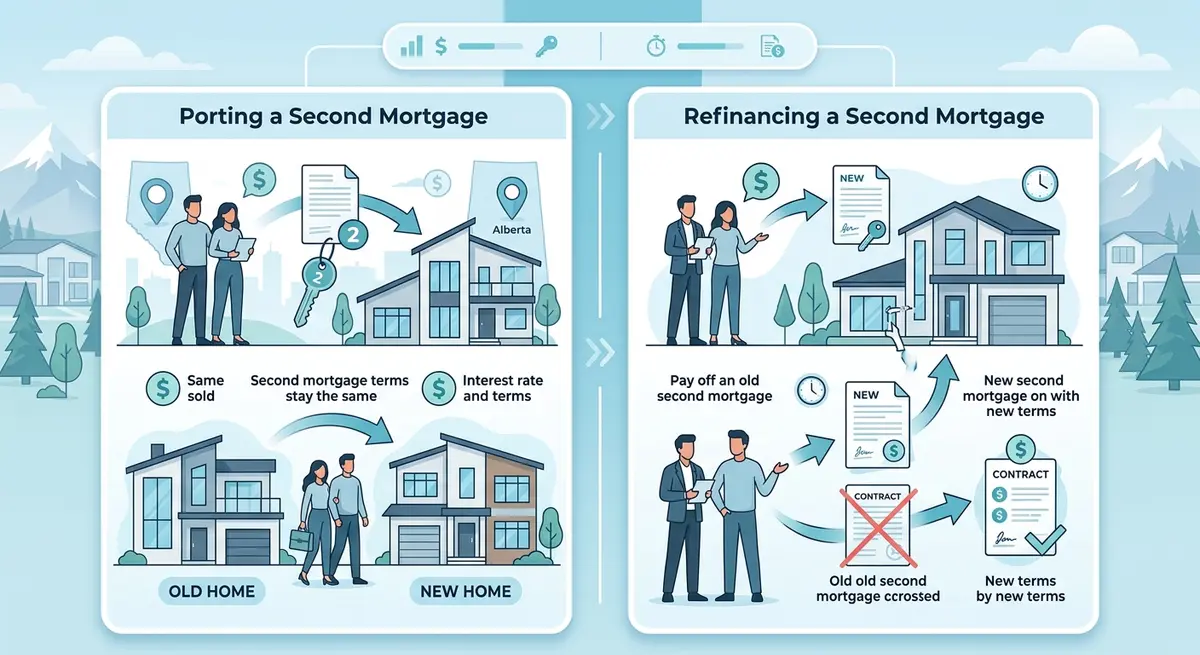 Diagram showing the difference between porting a second mortgage and refinancing in Alberta