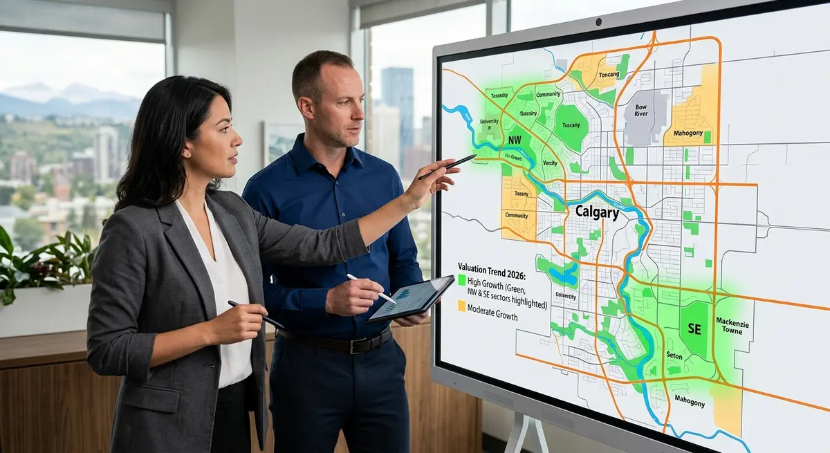 Map of Calgary highlighting real estate valuation trends in NW and SE neighborhoods for 2026