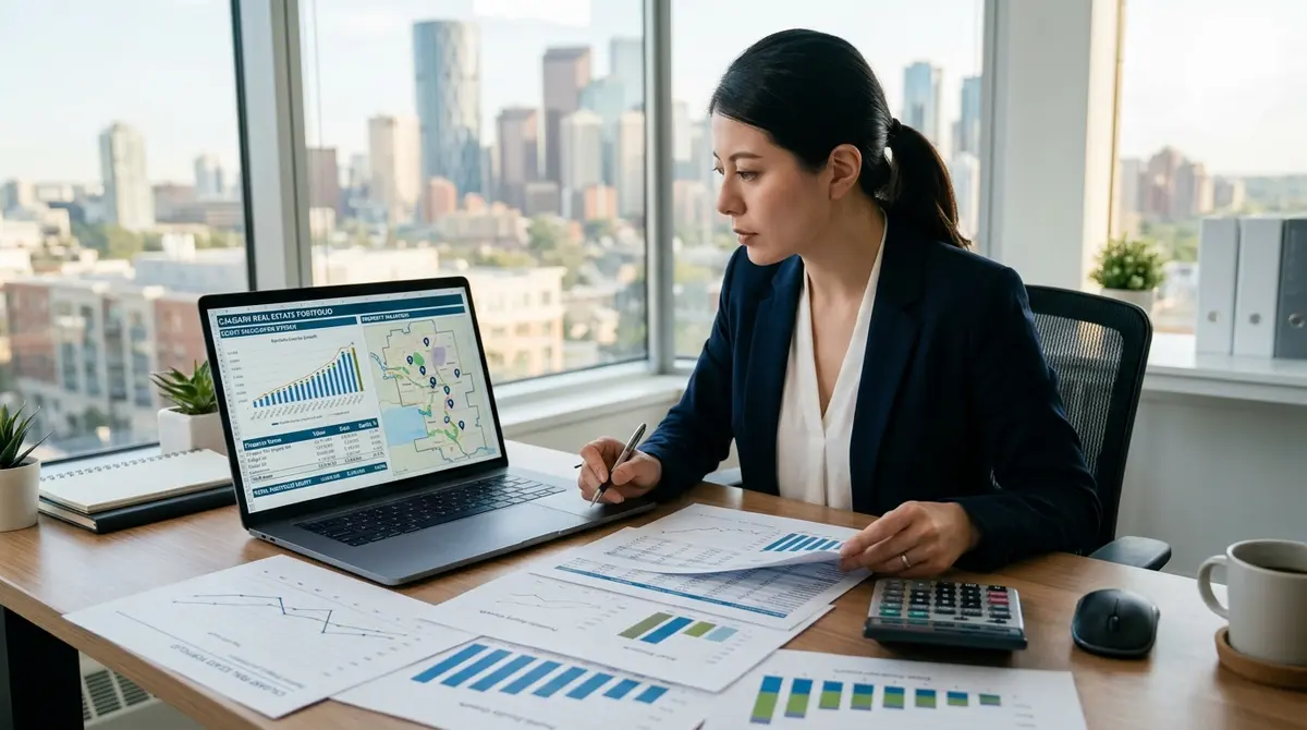 Financial charts and documents showing equity calculations for a Calgary real estate portfolio