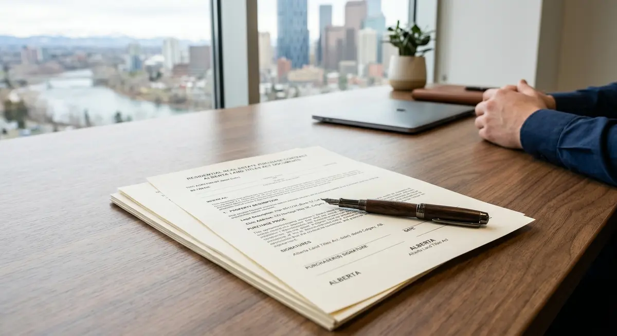 Legal contracts and a pen resting on a desk, representing Alberta real estate documentation