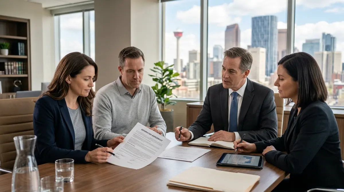 Couple reviewing separation agreement with a legal and financial advisor in Calgary