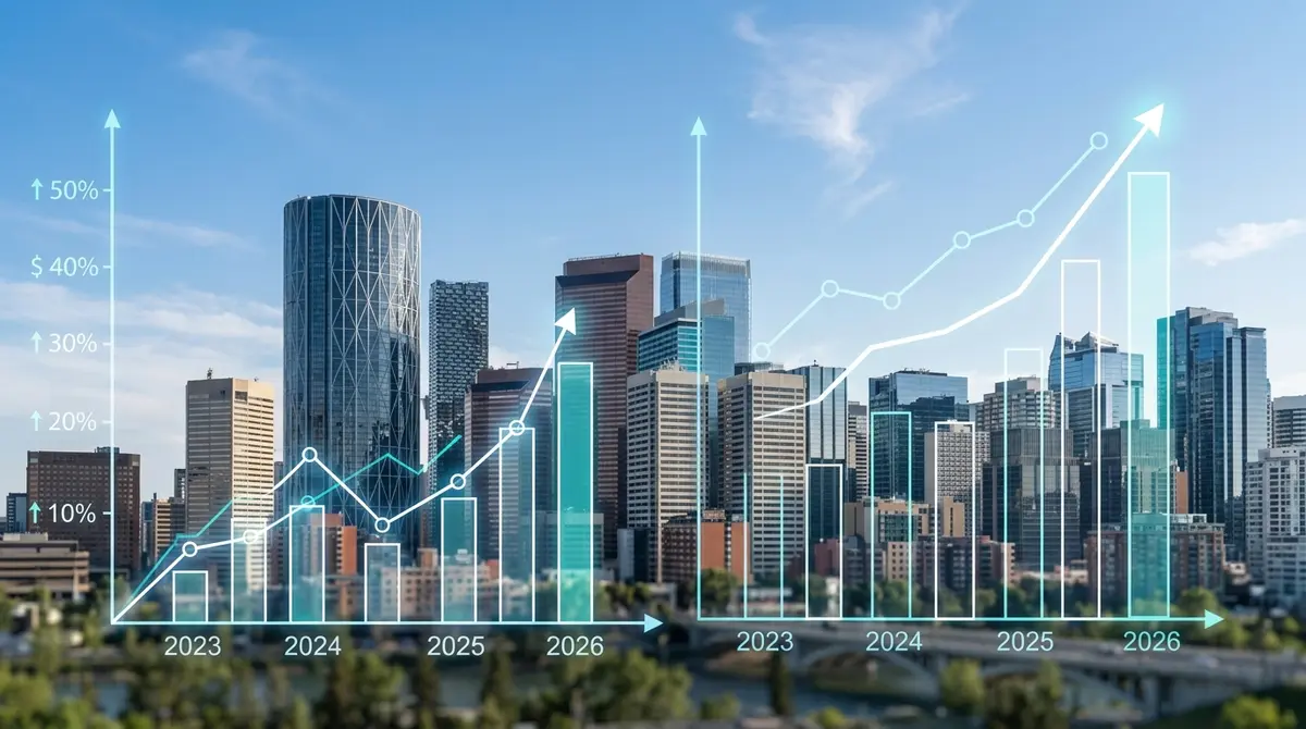 Calgary skyline with financial growth charts overlay representing property equity increases in 2026