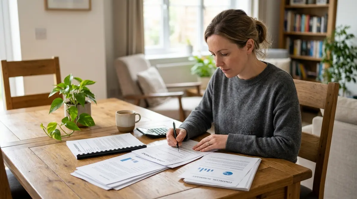Homeowner reviewing financial documents and loan agreements at a dining table