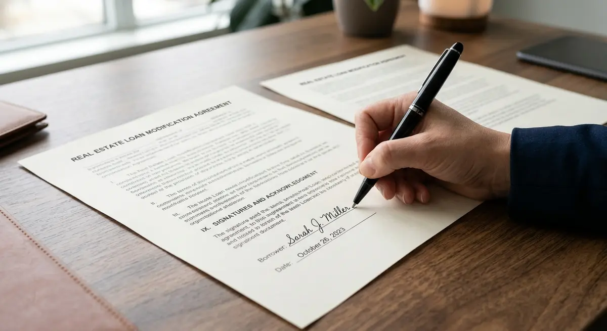 Close up of a signature on a real estate loan modification contract with a pen