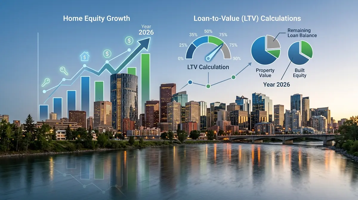 Calgary skyline with a graphical overlay showing home equity growth and Loan-to-Value calculations in 2026