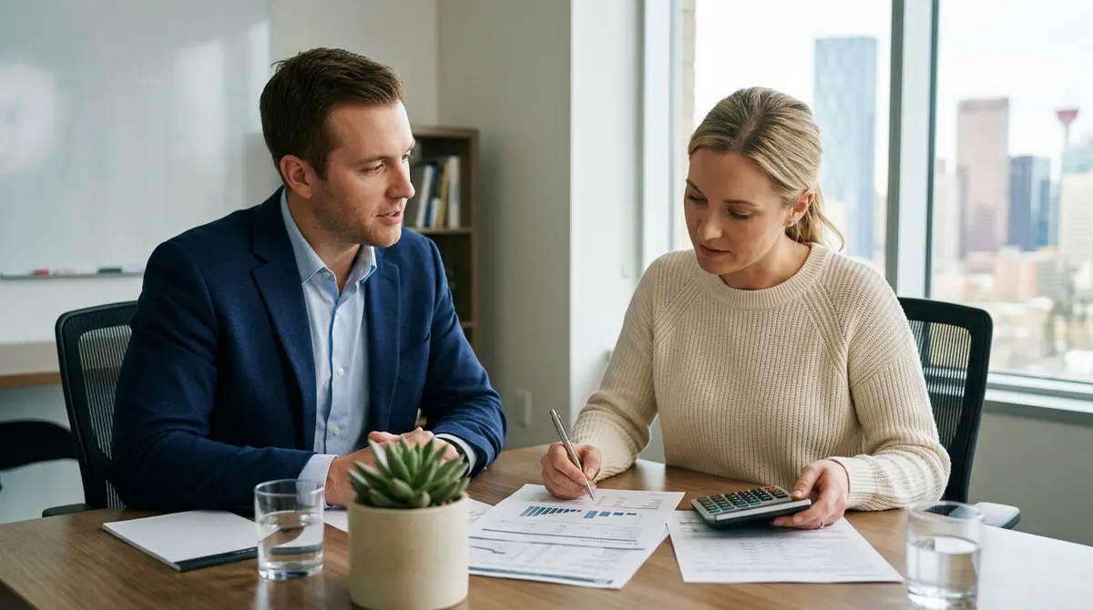 Calgary homeowner reviewing mortgage documents and calculating blended interest rates with a financial advisor