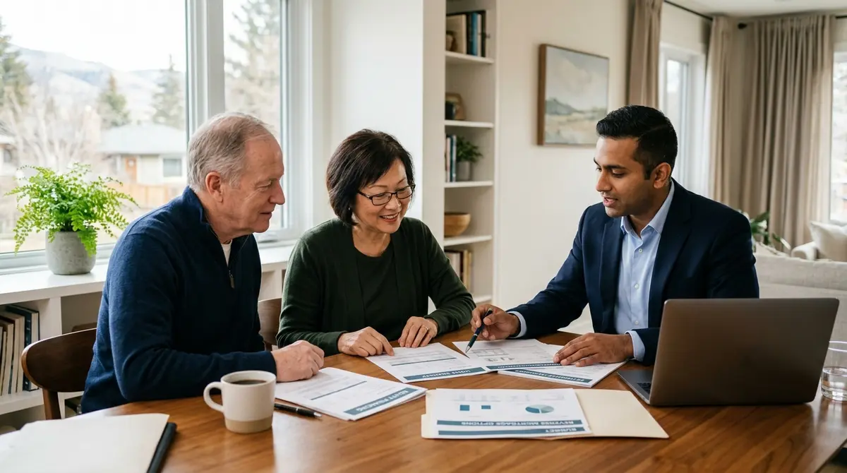 Calgary senior couple reviewing equity financing documents with a financial advisor at a dining table