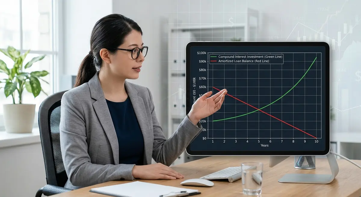 Graph showing the exponential growth of compound interest versus a flat amortized loan balance over 10 years