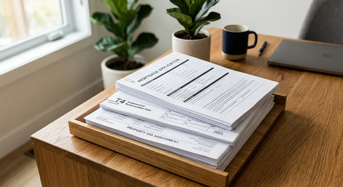 A neat stack of mortgage application documents, T4 slips, and property tax assessments on a wooden desk