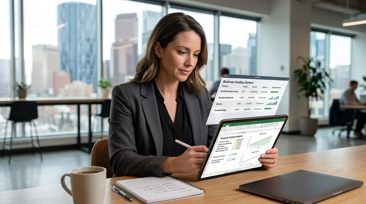 A Calgary entrepreneur reviewing business funding options and property equity calculations on a digital tablet