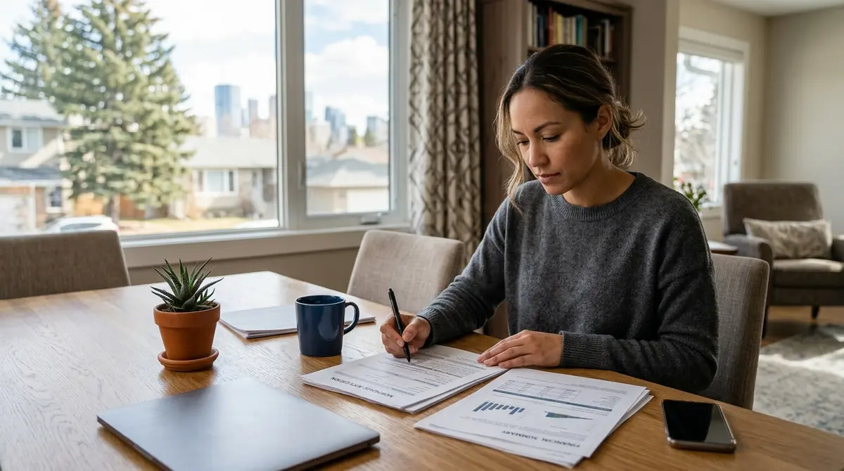 A Calgary homeowner carefully reviewing mortgage application documents and financial statements at a dining table